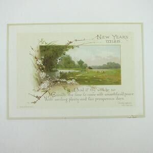 Victorian Greeting Card New Years Wirths Bros & Owen Cabin Field Flowers Antique